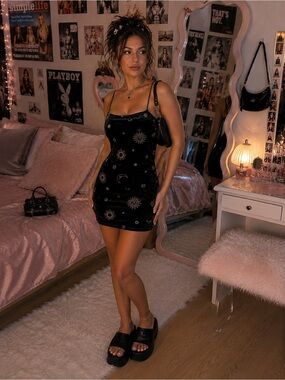 H&M Divided Velour Zodiac Astrology Mini Dress Black Metallic Constellation M